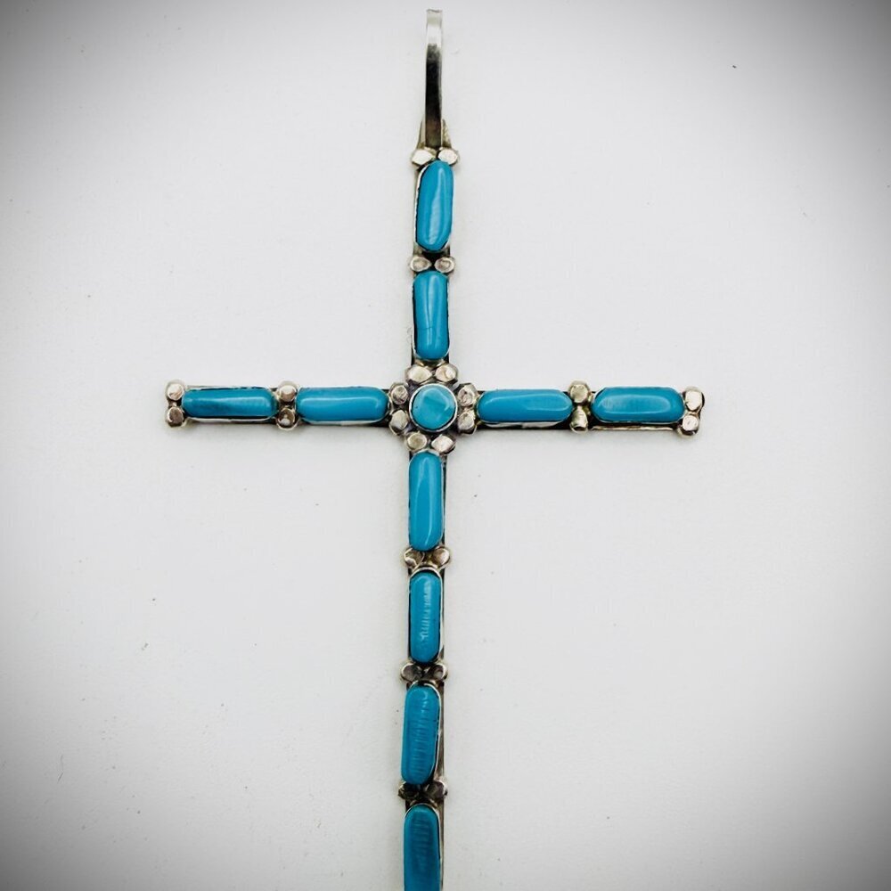 Sterling Turquoise Cross Pendant 2.5" - Picture 2 of 3